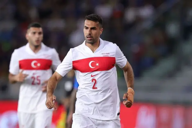 BOLOGNA, ITALY - JUNE 4: Zeki Celik of Turkiye looks on during the international Friendly match between Italy and Turkiye at Renato Dall'Ara Stadium on June 4, 2024 in Bologna, Italy. (Photo by Gabriele Maltinti/Getty Images)