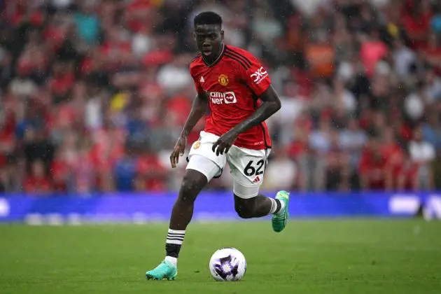 MANCHESTER, ENGLAND - MAY 12: Omari Forson of Manchester United in action during the Premier League match between Manchester United and Arsenal FC at Old Trafford on May 12, 2024 in Manchester, England. (Photo by Stu Forster/Getty Images)