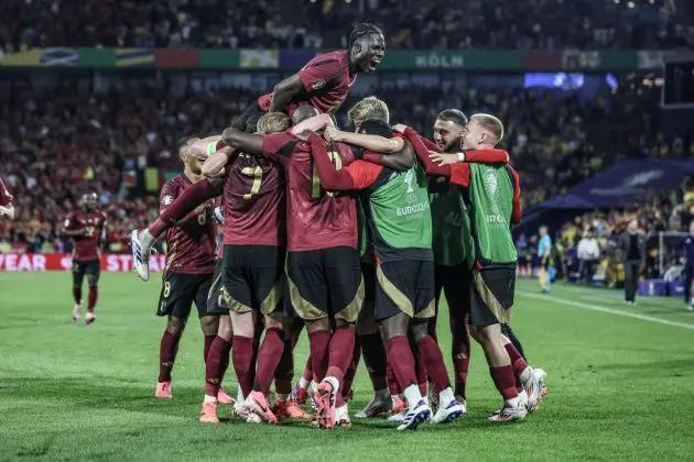 Belgium players celebrate during a soccer game between Belgian national soccer team Red Devils and Romania, Saturday 22 June 2024 in Cologne, Germany, the second match in the group stage of the UEFA Euro 2024 European championships. BELGA PHOTO BRUNO FAHY (Photo by BRUNO FAHY / BELGA MAG / Belga via AFP) (Photo by BRUNO FAHY/BELGA MAG/AFP via Getty Images)