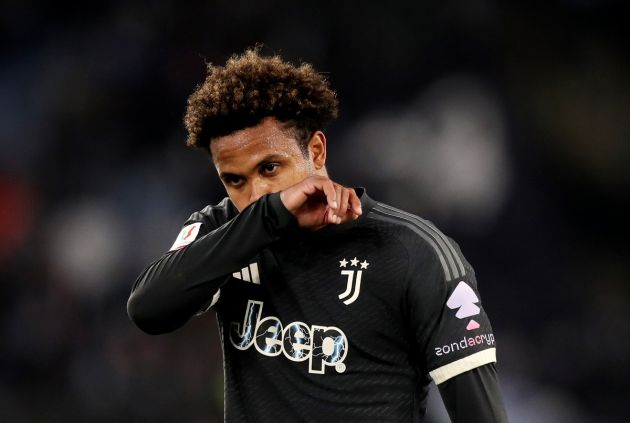 ROME, ITALY - APRIL 23: Weston McKennie of Juventus reacts during the Coppa Italia Semi-final Second Leg match between SS Lazio and Juventus FC at Stadio Olimpico on April 23, 2024 in Rome, Italy. (Photo by Paolo Bruno/Getty Images)