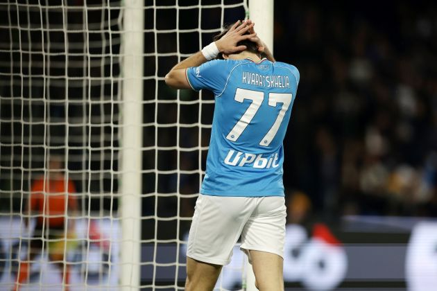 NAPLES, ITALY - DECEMBER 29: Khvicha Kvaratskhelia of SSC Napoli shows his disappointment during the Serie A TIM match between SSC Napoli and AC Monza at Stadio Diego Armando Maradona on December 29, 2023 in Naples, Italy. (Photo by Francesco Pecoraro/Getty Images)