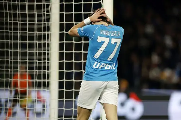 NAPLES, ITALY - DECEMBER 29: Khvicha Kvaratskhelia of SSC Napoli shows his disappointment during the Serie A TIM match between SSC Napoli and AC Monza at Stadio Diego Armando Maradona on December 29, 2023 in Naples, Italy. (Photo by Francesco Pecoraro/Getty Images)