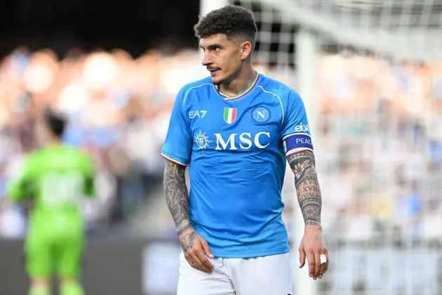 NAPLES, ITALY - APRIL 28: Giovanni Di Lorenzo of SSC Napoli during the Serie A TIM match between SSC Napoli and AS Roma - Serie A TIM at Stadio Diego Armando Maradona on April 28, 2024 in Naples, Italy. (Photo by Francesco Pecoraro/Getty Images)