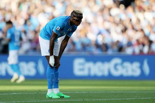 NAPLES, ITALY - MAY 11: Victor Osimhen of SSC Napoli stands disappointed during the Serie A match between SSC Napoli and Bologna FC at Stadio Diego Armando Maradona on May 11, 2024 in Naples, Italy. (Photo by Francesco Pecoraro/Getty Images)