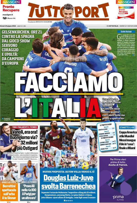 El espíritu italiano canta con España, Douglas Luiz listo para la Juventus el 20 de junio