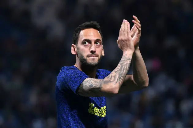 REGGIO NELL'EMILIA, ITALY - MAY 04: Hakan Calhanoglu of FC Internazionale applauds the fans at full-time following the team's defeat in the Serie A TIM match between US Sassuolo and FC Internazionale at Mapei Stadium - Citta' del Tricolore on May 04, 2024 in Reggio nell'Emilia, Italy. (Photo by Alessandro Sabattini/Getty Images)