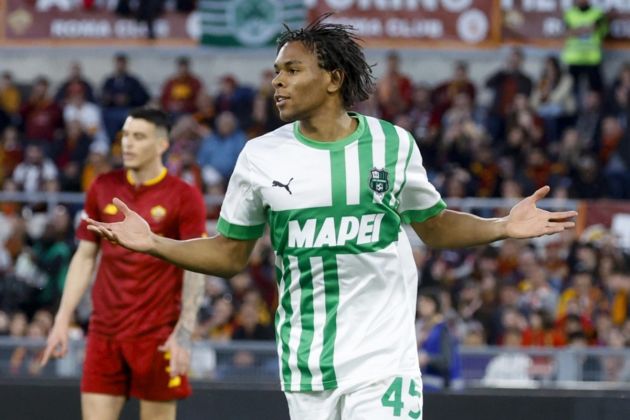 Sassuolo's Armand Lauriente celebrates after scoring a goal during the Italian Serie A soccer match between Roma and Sassuolo at the Olimpico stadium in Rome, Italy, 12 March 2023. EPA-EFE/FABIO FRUSTACI