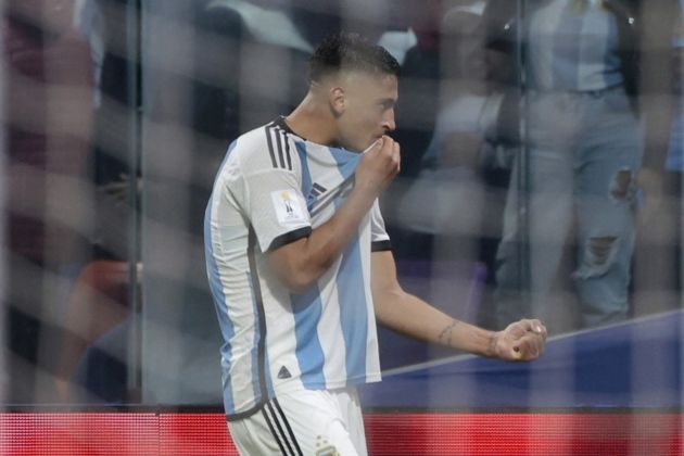 Valentin Carboni of Argentina celebrates after scoring during a U-20 World Cup group A soccer match between Argentina and Uzbekistan at Madre de Ciudades stadium in Santiago del Estero, Argentina, 20 May 2023. EPA-EFE/Juan Ignacio Roncoroni