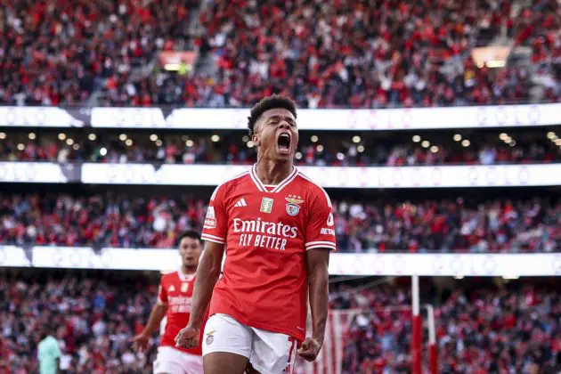 TOPSHOT - Benfica's Brazilian forward David Neres #7 celebrates scoring during the Portuguese league football match between SL Benfica and SC Braga at the Luz stadium in Lisbon on April 27, 2024. (Photo by FILIPE AMORIM / AFP) (Photo by FILIPE AMORIM/AFP via Getty Images)