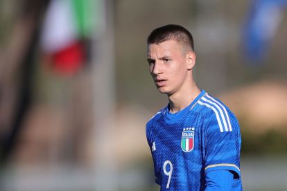 FLORENCE, ITALY - FEBRUARY 13: Francesco Camarda of Italy U17 looks on during the International friendly match between Italy U17 and France U17 at Centro Tecnico Federale di Coverciano on February 13, 2024 in Florence, Italy. (Photo by Gabriele Maltinti/Getty Images)