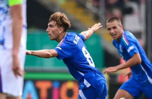 Luca Di Maggio scores Italy's equaliser in a 2-1 win over Norway in the opening match of the U19 European Championships (EUROs) - July 15, 2024.