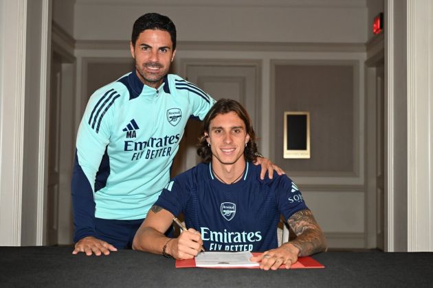 Italy international Riccardo Calafiori with Arsenal coach Mikel Arteta after completing permanent transfer from Bologna.