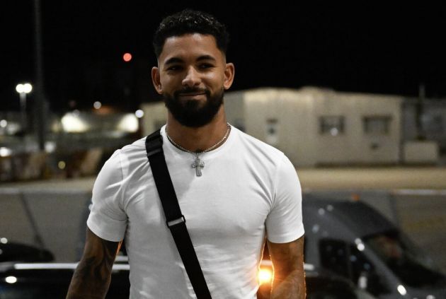 Douglas Luiz arrives at Caselle airport after completing permanent move form Aston Villa to Juventus.