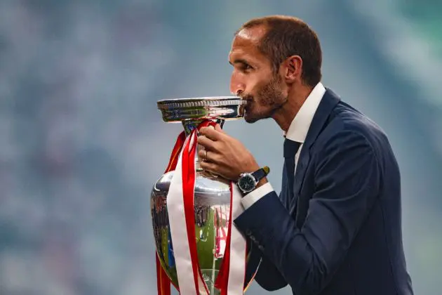 Italian former player Giorgio Chiellini brings the trophy ahead the UEFA Euro 2024 final football match between Spain and England at the Olympiastadion in Berlin on July 14, 2024. (Photo by Adrian DENNIS / AFP) (Photo by ADRIAN DENNIS/AFP via Getty Images)