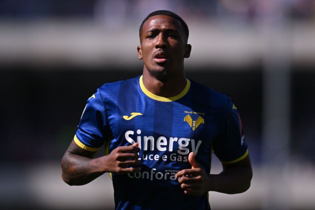 VERONA, ITALY - MAY 05: Jackson Tchatchoua of Hellas Verona looks on during the Serie A TIM match between Hellas Verona FC and ACF Fiorentina at Stadio Marcantonio Bentegodi on May 05, 2024 in Verona, Italy. (Photo by Alessandro Sabattini/Getty Images) (Photo by Alessandro Sabattini/Getty Images)