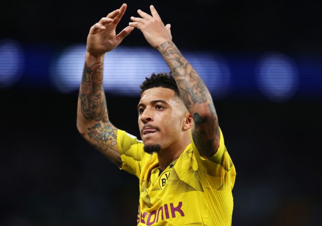 LONDON, ENGLAND - JUNE 01: Jadon Sancho of Borussia Dortmund gestures as he encourages the fans during the UEFA Champions League 2023/24 Final match between Borussia Dortmund and Real Madrid CF at Wembley Stadium on June 01, 2024 in London, England. (Photo by Alex Pantling/Getty Images)