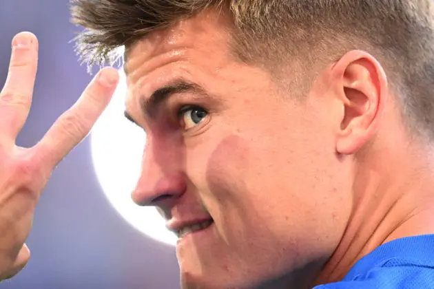 Slovenia's defender #06 Jaka Bijol gestures as he warms up before the UEFA Euro 2024 Group C football match between England and Slovenia at the Cologne Stadium in Cologne on June 25, 2024. (Photo by Kirill KUDRYAVTSEV / AFP) (Photo by KIRILL KUDRYAVTSEV/AFP via Getty Images)