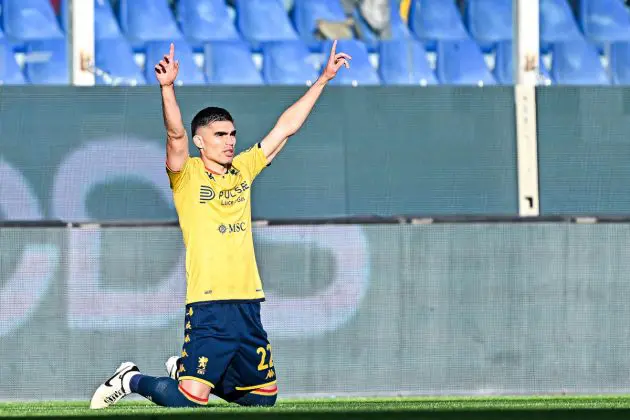 GENOA, ITALY - APRIL 19: Johan Vasquez of Genoa prays prior to kick-off in the Serie A TIM match between Genoa CFC and SS Lazio at Stadio Luigi Ferraris on April 19, 2024 in Genoa, Italy. (Photo by Simone Arveda/Getty Images)