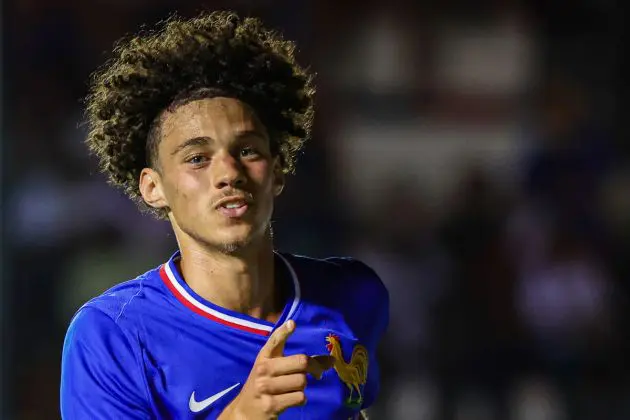 France's midfielder #21 Maghnes Akliouche celebrates his team's sixth goal during the U23 friendly football match between France and Dominican Republic at Mayol Stadium in Toulon, south-eastern France, on July 11, 2024, in preparation for the Paris 2024 Olympic Games. France won over Dominican Republic. (Photo by CLEMENT MAHOUDEAU / AFP) (Photo by CLEMENT MAHOUDEAU/AFP via Getty Images)