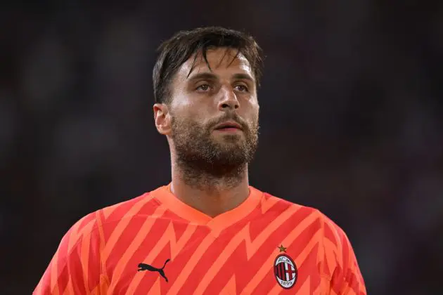 BOLOGNA, ITALY - AUGUST 21: Marco Sportiello of AC Milan during the Serie A TIM match between Bologna FC and AC Milan at Stadio Renato Dall'Ara on August 21, 2023 in Bologna, Italy. (Photo by Alessandro Sabattini/Getty Images)