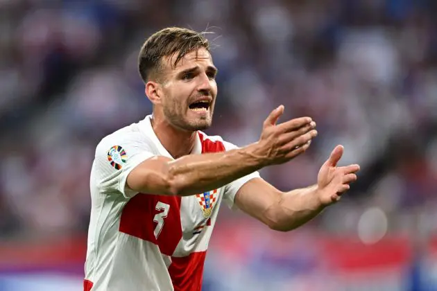 LEIPZIG, GERMANY - JUNE 24: Marin Pongracic of Croatia reacts during the UEFA EURO 2024 group stage match between Croatia and Italy at Football Stadium Leipzig on June 24, 2024 in Leipzig, Germany. (Photo by Dan Mullan/Getty Images)