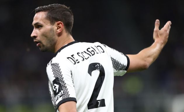 MILAN, ITALY - APRIL 26: Mattia De Sciglio of Juventus FC reacts during the Coppa Italia Semi Final between FC Internazionale and Juventus FC at Giuseppe Meazza Stadium on April 26, 2023 in Milan, Italy. (Photo by Marco Luzzani/Getty Images)