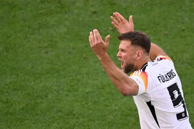 Nicolas Fullkrug Germany's forward #09 Niclas Fuellkrug gestures during the UEFA Euro 2024 quarter-final football match between Spain and Germany at the Stuttgart Arena in Stuttgart on July 5, 2024. (Photo by Kirill KUDRYAVTSEV / AFP) (Photo by KIRILL KUDRYAVTSEV/AFP via Getty Images)