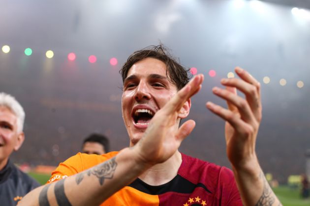 ISTANBUL, TURKEY - JUNE 4: Nicolo Zaniolo of Galatasaray celebrates victory during the Super Lig match between Galatasaray and Fenerbahce at NEF Stadyumu on June 4, 2023 in Istanbul, Turkey. (Photo by Ahmad Mora/Getty Images)