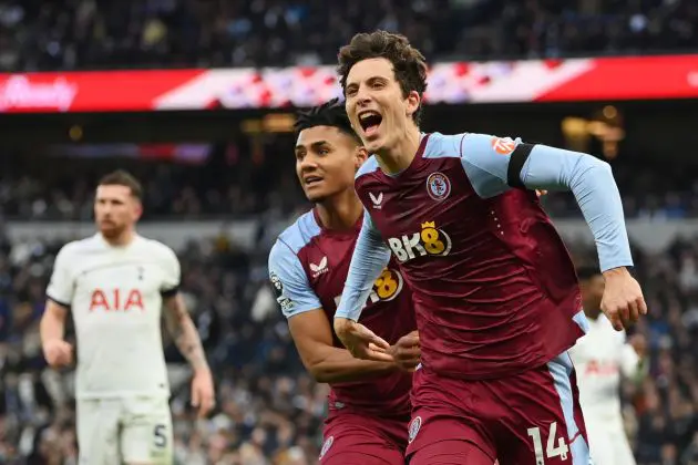 LONDON, ENGLAND - NOVEMBER 26: Pau Torres of Aston Villa celebrates after scoring the team's first goal to equalise during the Premier League match between Tottenham Hotspur and Aston Villa at Tottenham Hotspur Stadium on November 26, 2023 in London, England. (Photo by Justin Setterfield/Getty Images)