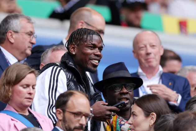 DUSSELDORF, GERMANY - JULY 01: Paul Pogba is seen in attendance in the stands prior to the UEFA EURO 2024 round of 16 match between France and Belgium at Düsseldorf Arena on July 01, 2024 in Dusseldorf, Germany. (Photo by Alex Livesey/Getty Images)