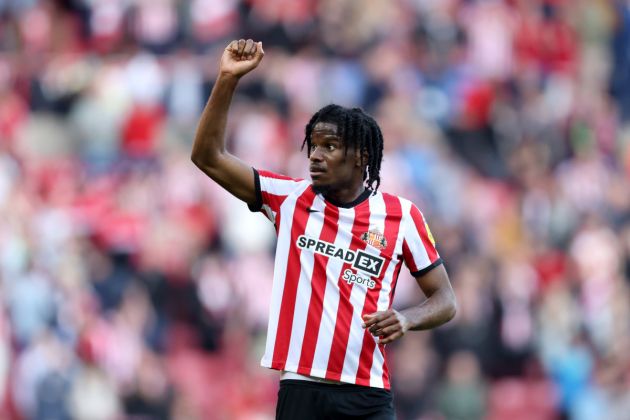 SUNDERLAND, ENGLAND - MAY 13: Pierre Ekwah of Sunderland celebrates victory following the Sky Bet Championship Play-Off Semi-Final First Leg match between Sunderland and Luton Town at Stadium of Light on May 13, 2023 in Sunderland, England. (Photo by George Wood/Getty Images)