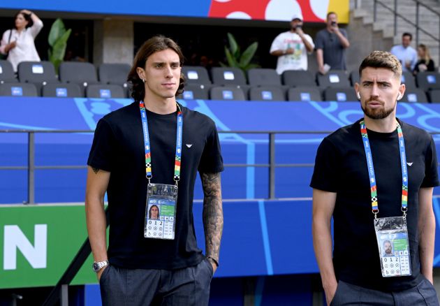 BERLIN, GERMANY - JUNE 29: Riccardo Calafiori and Jorginho of Italy arrives at the stadium prior to the UEFA EURO 2024 round of 16 match between Switzerland and Italy at Olympiastadion on June 29, 2024 in Berlin, Germany. (Photo by Claudio Villa/Getty Images for FIGC)