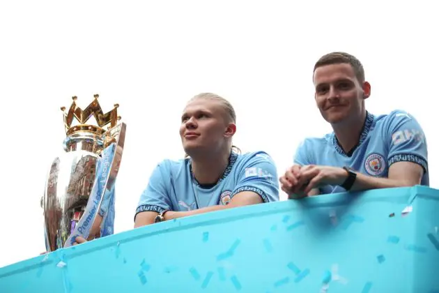 MANCHESTER, ENGLAND - MAY 26: Erling Haaland and Sergio Gomez of Manchester City look on alongside the Premier League Trophy during the Manchester City trophy parade on May 26, 2024 in Manchester, England. (Photo by Jess Hornby/Getty Images) Roma target