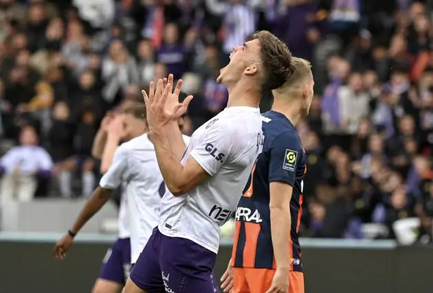 Toulouse's Dutch forward #09 Thijs Dallinga reacts during the French L1 football match between Toulouse FC and Montpellier Herault SC at the TFC Stadium in Toulouse, southwestern France, on May 3, 2024. (Photo by Matthieu RONDEL / AFP) (Photo by MATTHIEU RONDEL/AFP via Getty Images)