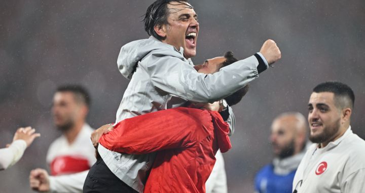 Turkey LEIPZIG, GERMANY - JULY 02: Vincenzo Montella, Head Coach of Turkiye, celebrates after the team's victory in the UEFA EURO 2024 round of 16 match between Austria and Turkiye at Football Stadium Leipzig on July 02, 2024 in Leipzig, Germany. (Photo by Dan Mullan/Getty Images)