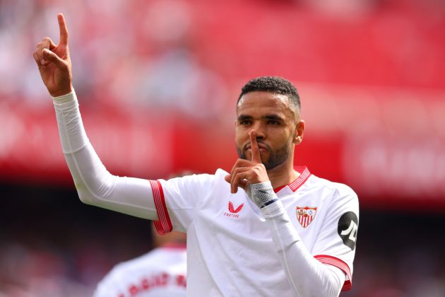 SEVILLE, SPAIN - MARCH 17: Yousseff En-Nesyri of Sevilla FC celebrates scoring his team's first goal during the LaLiga EA Sports match between Sevilla FC and Celta Vigo at Estadio Ramon Sanchez Pizjuan on March 17, 2024 in Seville, Spain. (Photo by Fran Santiago/Getty Images) (Photo by Fran Santiago/Getty Images) 9Joining Jose Mourinho at Fenerbahce)