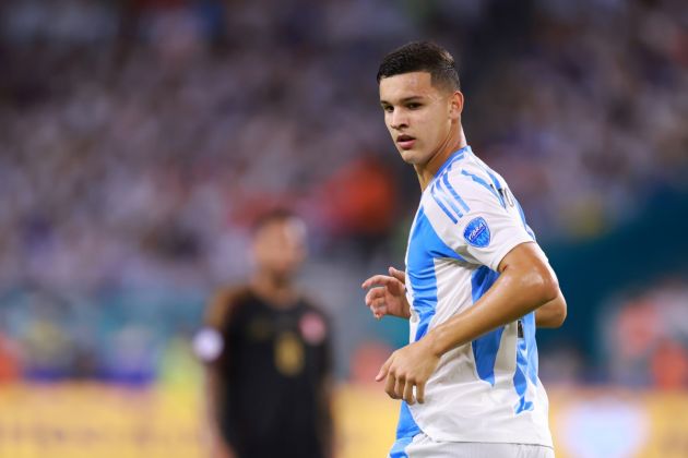 MIAMI GARDENS, FLORIDA - JUNE 29: Valentin Carboni of Argentina and Inter looks on during the CONMEBOL Copa America 2024 Group A match between Argentina and Peru at Hard Rock Stadium on June 29, 2024 in Miami Gardens, Florida. (Photo by Hector Vivas/Getty Images)