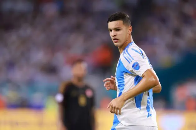 MIAMI GARDENS, FLORIDA - JUNE 29: Valentin Carboni of Argentina and Inter looks on during the CONMEBOL Copa America 2024 Group A match between Argentina and Peru at Hard Rock Stadium on June 29, 2024 in Miami Gardens, Florida. (Photo by Hector Vivas/Getty Images)