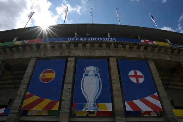 BERLIN, GERMANY - JULY 13: General view outside the stadium as the flags of Spain and England are seen ahead of the UEFA EURO 2024 final match on July 13, 2024 in Berlin, Germany. The final match between Spain and England will be played on July 14, 2024 (Photo by Justin Setterfield/Getty Images)