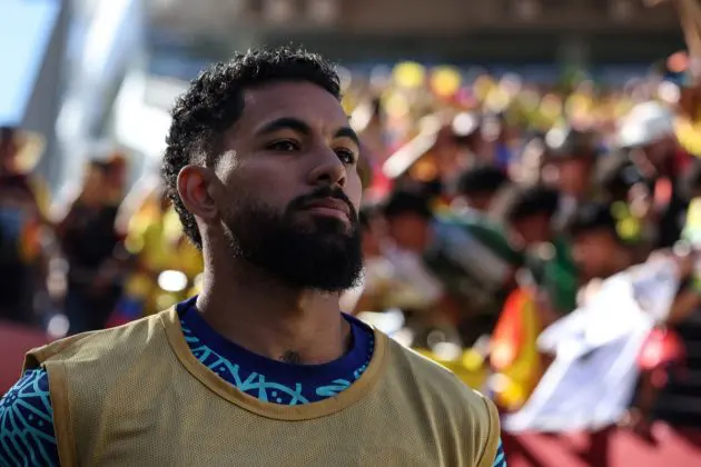 SANTA CLARA, CALIFORNIA - JULY 02: Douglas Luiz of Brazil warms up prior to the CONMEBOL Copa America 2024 Group D match between Brazil and Colombia at Levi's Stadium on July 02, 2024 in Santa Clara, California. (Photo by Lachlan Cunningham/Getty Images)