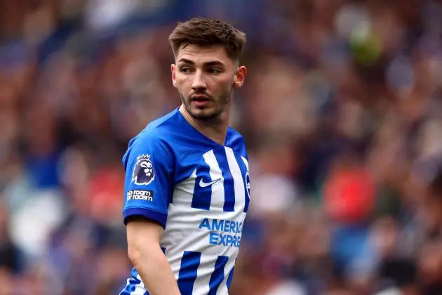 BRIGHTON, ENGLAND - MAY 05: Billy Gilmour of Brighton & Hove Albion looks on during the Premier League match between Brighton & Hove Albion and Aston Villa at American Express Community Stadium on May 05, 2024 in Brighton, England. (Photo by Bryn Lennon/Getty Images)