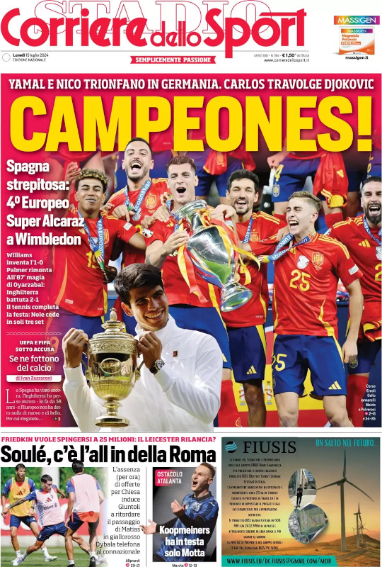 Today's Papers - Spain triumph EURO 2024, Roma chase Soule, Juve plan ...