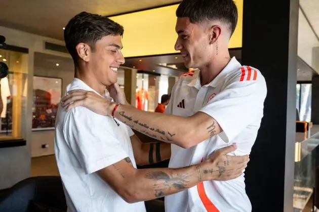 Roma teammates and Argentina internationals Paulo Dybala and MAtias Soule on Soule's first day as a Roma player (July 30, 2024).