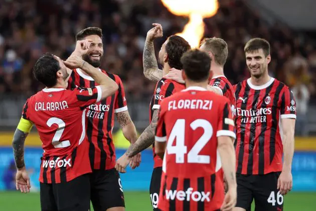 AC Milan's Olivier Giroud (2nd L) and teammates celebrate a goal during a friendly match between AC Milan and AS Roma at the Perth Rectangular Stadium in Perth on May 31, 2024. (Photo by COLIN MURTY / AFP) / -- IMAGE RESTRICTED TO EDITORIAL USE - STRICTLY NO COMMERCIAL USE -- (Photo by COLIN MURTY/AFP via Getty Images)