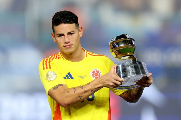 Colombia's midfielder #10 James Rodriguez poses with the trophy for best player of the tournament at the end of the Conmebol 2024 Copa America tournament final football match between Argentina and Colombia at the Hard Rock Stadium, in Miami, Florida on July 14, 2024. (Photo by CHARLY TRIBALLEAU / AFP) (Photo by CHARLY TRIBALLEAU/AFP via Getty Images)