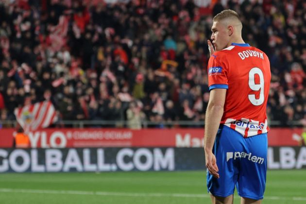 Girona forward Artem Dovbyk celebrates scoring his team's second goal during the Spanish League football match between Girona FC and Sevilla FC at the Montilivi stadium in Girona on January 21, 2024. (Photo by LLUIS GENE / AFP) (Photo by LLUIS GENE/AFP via Getty Images)