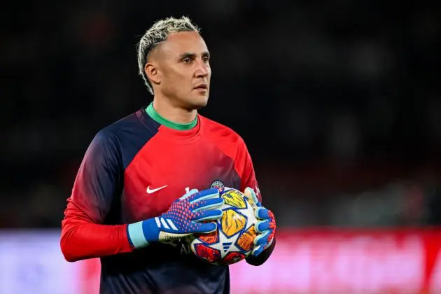 Paris Saint-Germain's Costa Rican Goalkeeper #01 Keylor Navas holds the ball as he warms up ahead of the UEFA Champions League round of 16 first leg football match between Paris Saint-Germain (PSG) and Real Sociedad at the Parc des Princes Stadium in Paris, on February 14, 2024. (Photo by MIGUEL MEDINA / AFP) (Photo by MIGUEL MEDINA/AFP via Getty Images)