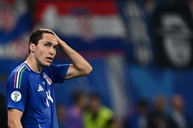 Italy's forward #14 Federico Chiesa reacts during the UEFA Euro 2024 Group B football match between Croatia and Italy at the Leipzig Stadium in Leipzig on June 24, 2024. (Photo by GABRIEL BOUYS / AFP) (Photo by GABRIEL BOUYS/AFP via Getty Images)