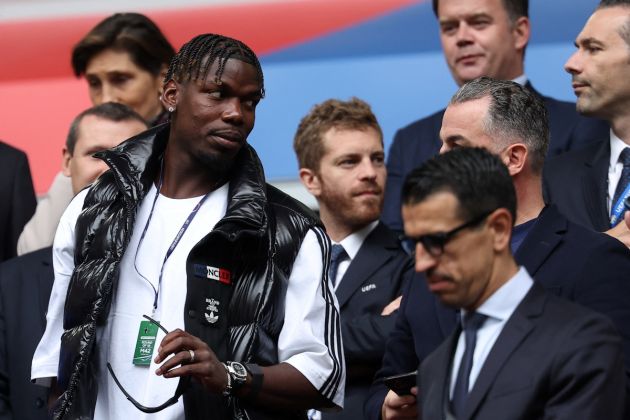 French midfielder paul Pogba (L) attends the UEFA Euro 2024 round of 16 football match between France and Belgium at the Duesseldorf Arena in Duesseldorf on July 1, 2024. (Photo by FRANCK FIFE / AFP) (Photo by FRANCK FIFE/AFP via Getty Images)