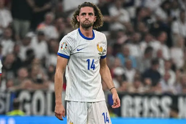 France midfielder Adrien Rabiot reacts during the UEFA Euro 2024 semi-final football match between Spain and France at the Munich Football Arena in Munich on July 9, 2024. (Photo by JAVIER SORIANO / AFP) (Photo by JAVIER SORIANO/AFP via Getty Images) (Milan links)